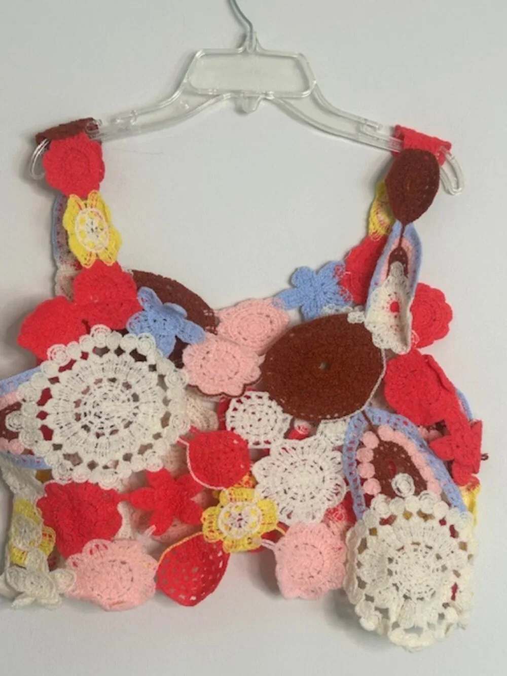 POL Ivory Pink Hand Made Crochet Motif Weaved Heart Neck Cropped Knit Top NEW - Picture 15 of 16
